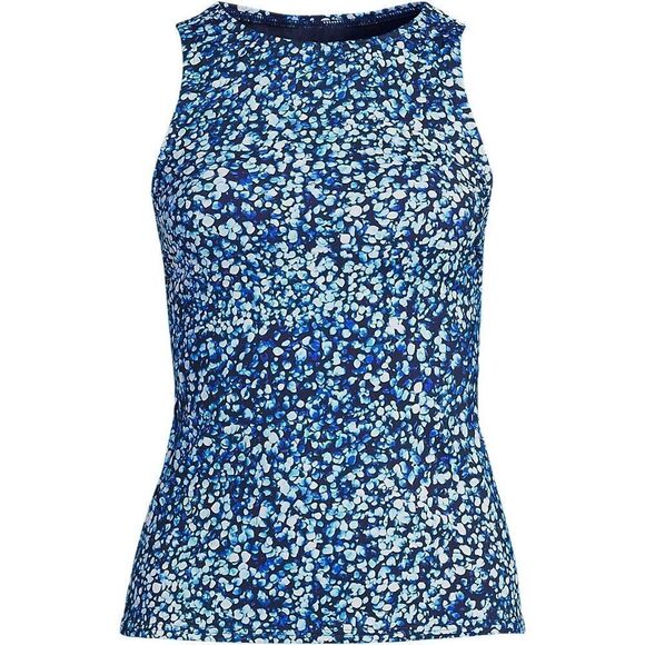 Land's End high Modest neck Tankini Top Soft cup Navy Turquoise Mosaic Dot Var - Picture 1 of 5
